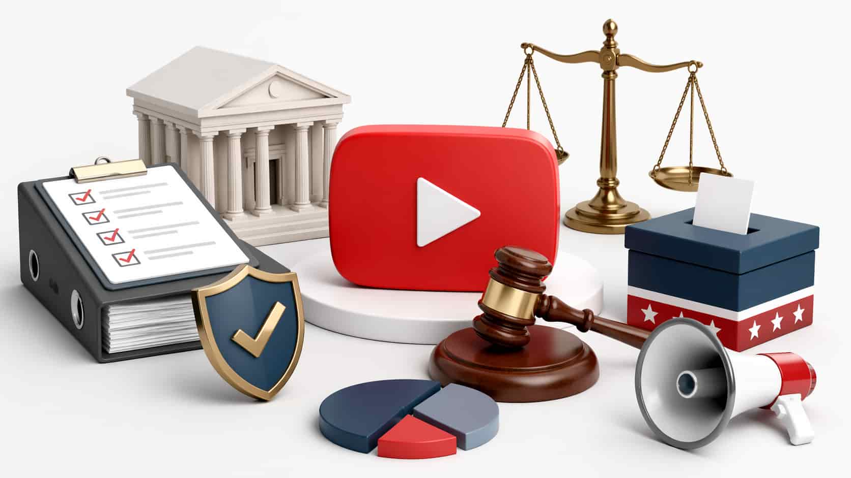 A clean, modern 3D rendered still life illustration depicting political ad rules, featuring a YouTube play button, gavel, balance scale, and voting box to symbolize regulation and transparency.