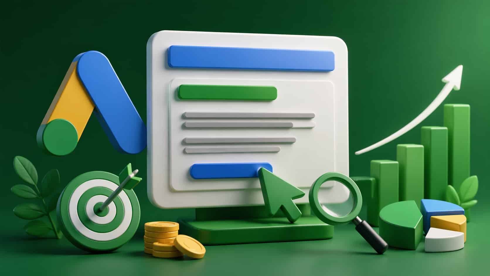 3D digital marketing illustration representing Google Ads with "Read More" links and strategic icons like target, magnifier, and charts.