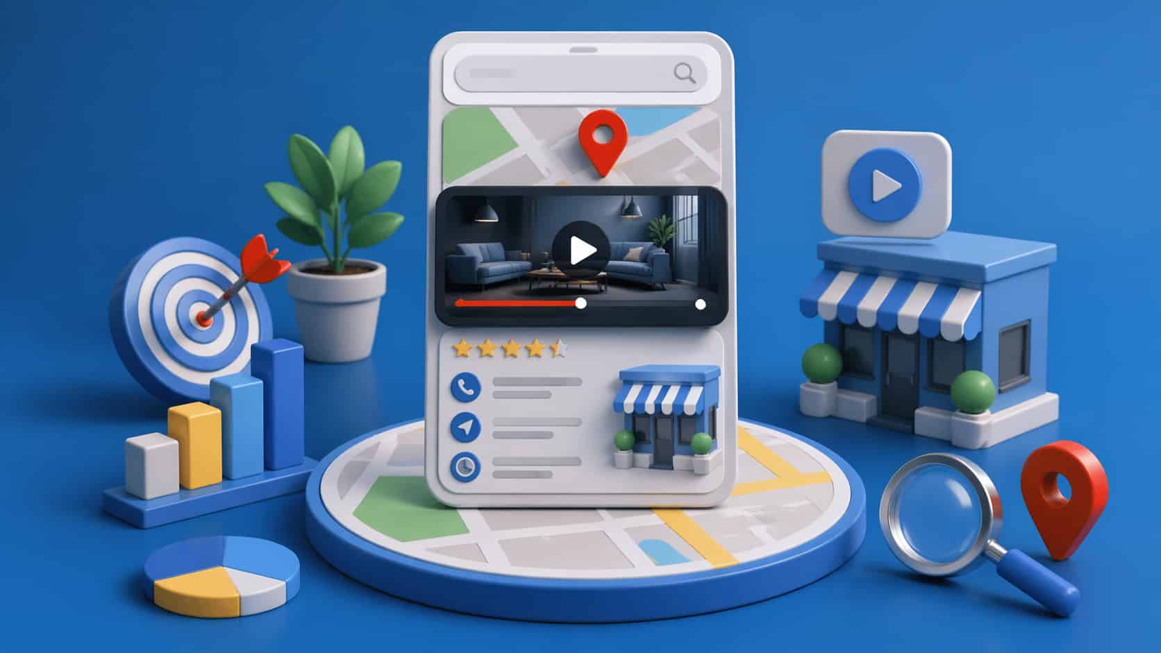 3D isometric illustration of a smartphone with a video ad in local search results, surrounded by business icons like a map, storefront, and data charts.