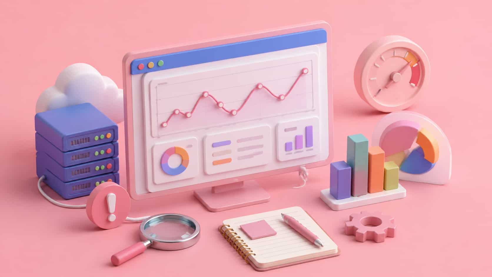 "3D workspace illustration showing a Google Search Console job data logging issue with analytics, servers, magnifying glass, and warning signs, symbolizing SEO data disruptions."
