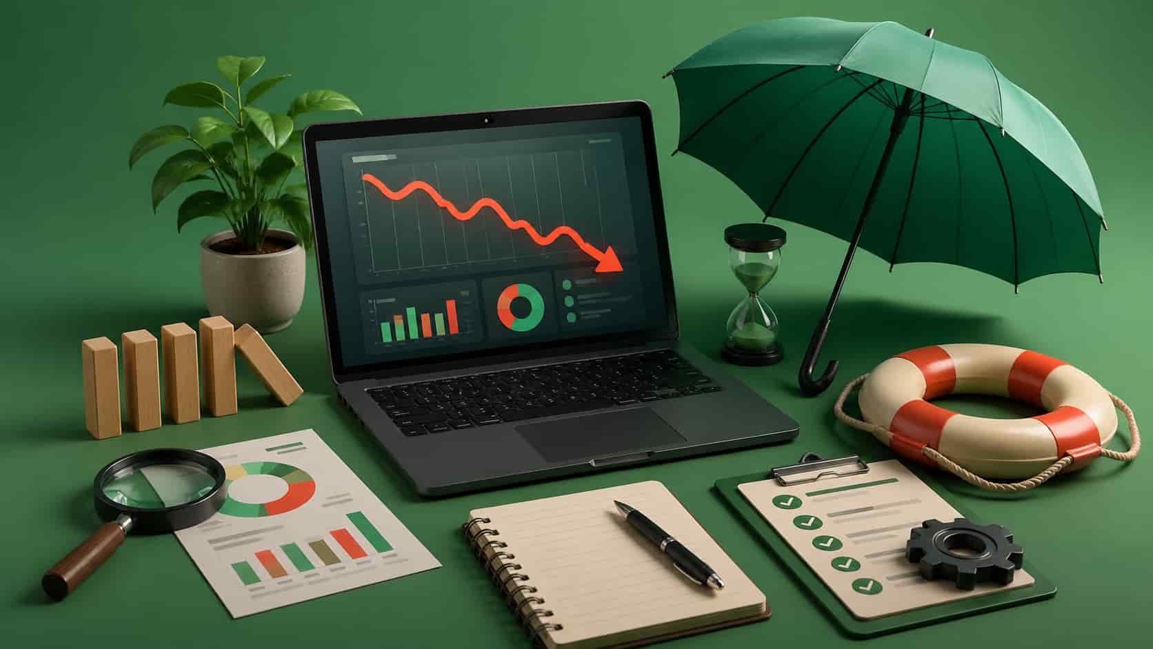 "3D stylized illustration of a modern workspace with a laptop displaying a negative SEO graph, accompanied by a magnifying glass, lifebuoy, umbrella, and other symbolic objects for SEO management."