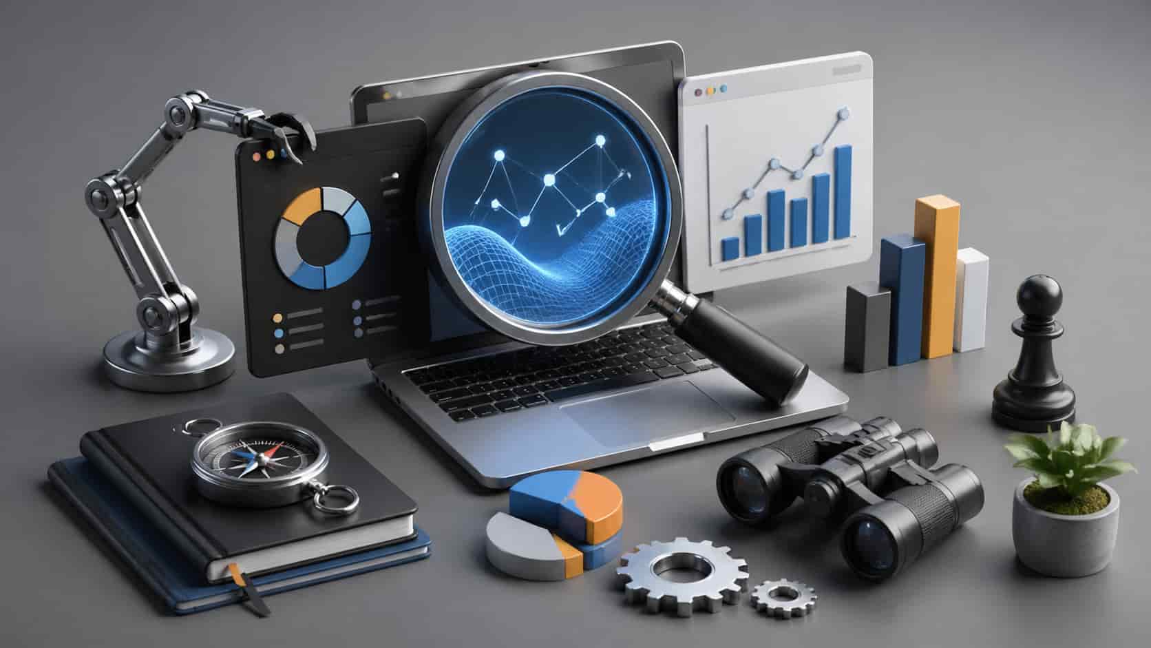3D rendered workspace symbolizing AI-assisted SEO competitor analysis with tools like a laptop, magnifying glass, charts, and gears.