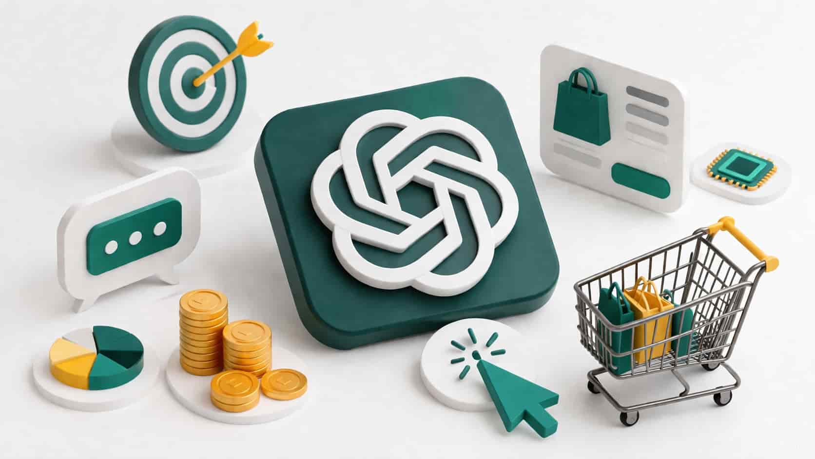 3D isometric illustration of a business workspace with ChatGPT CPC ads, featuring a shopping cart, coins, analytics, and a target symbolizing e-commerce and AI-driven advertising.