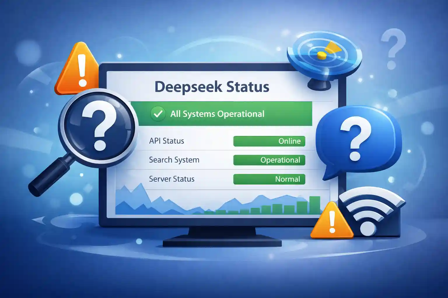 A laptop screen showing the Deepseek status dashboard with green checkmarks indicating active services.