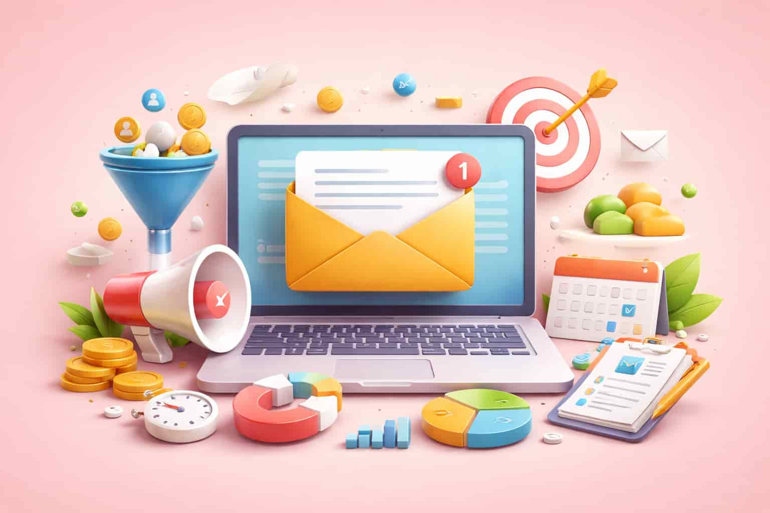 3D illustration of email marketing with laptop, funnel, megaphone, and analytics icons on pink background.