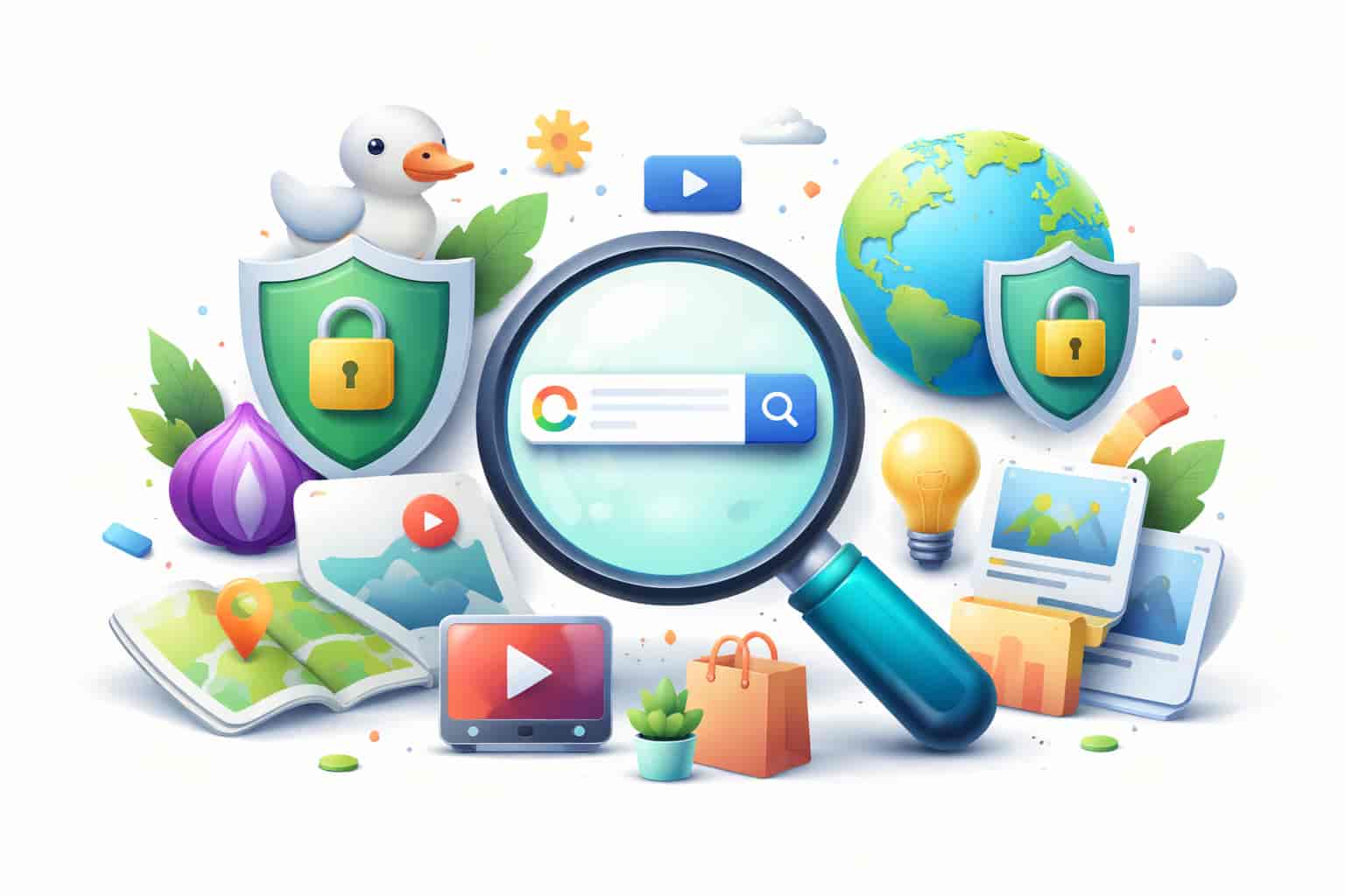A 3D-rendered editorial illustration showcasing alternative search engines, digital privacy, and eco-conscious platforms with icons representing tools like DuckDuckGo and Ecosia.