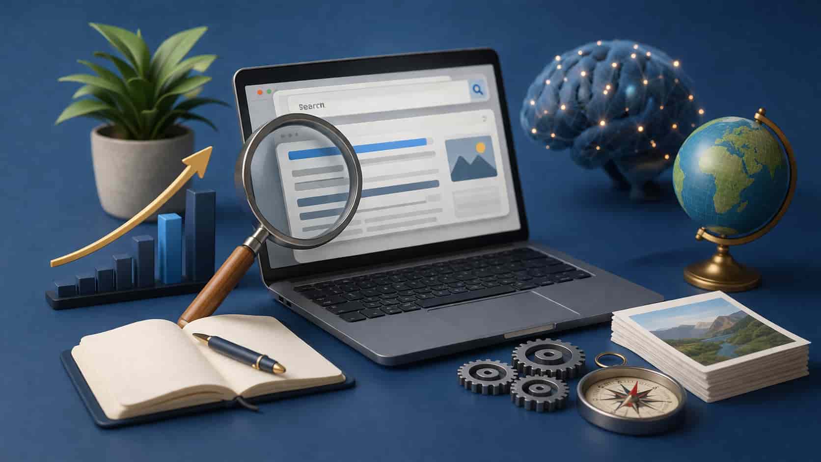 Illustration of a laptop displaying SEO analytics, with AI and growth symbols, in a professional editorial style.