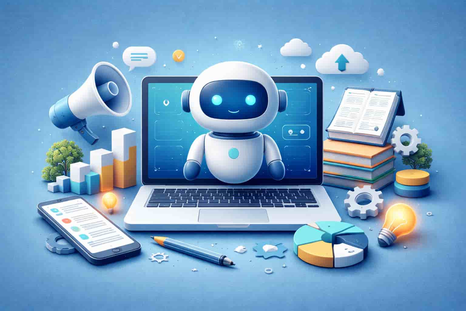 3D-rendered editorial illustration showcasing ChatGPT's role in digital marketing and automation with AI tools, a laptop, and various related elements like charts, gears, and a lightbulb.