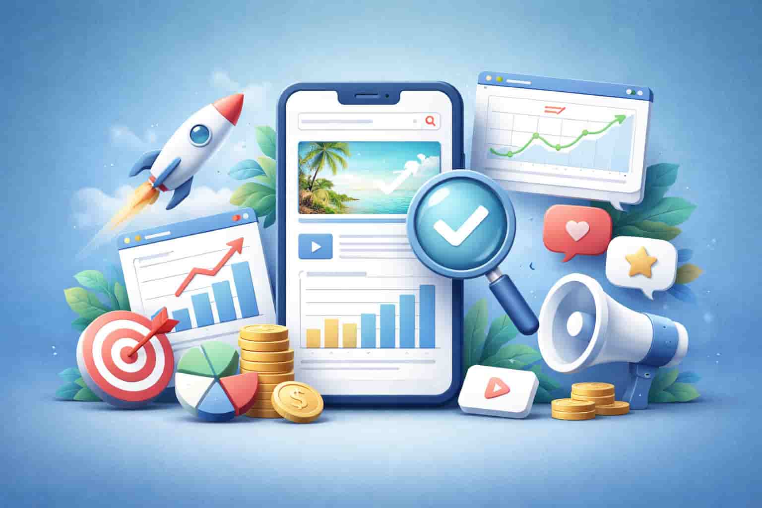 Illustration of Google Discover optimization, featuring a smartphone displaying content cards, analytics, and growth-related elements like charts, rockets, and a magnifying glass, set against a blue background.