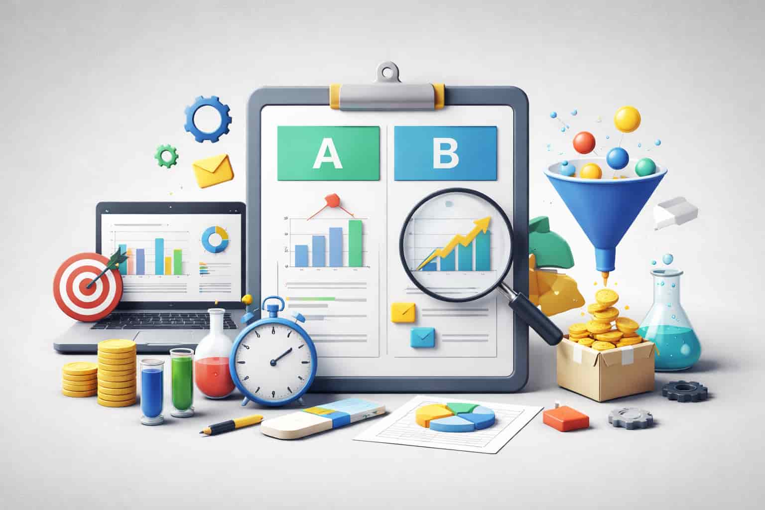 3D illustration of PPC testing with A/B testing chart, analytics, and related tools like stopwatch, funnel, and graphs, symbolizing the concept of breaking best practices for better PPC performance."