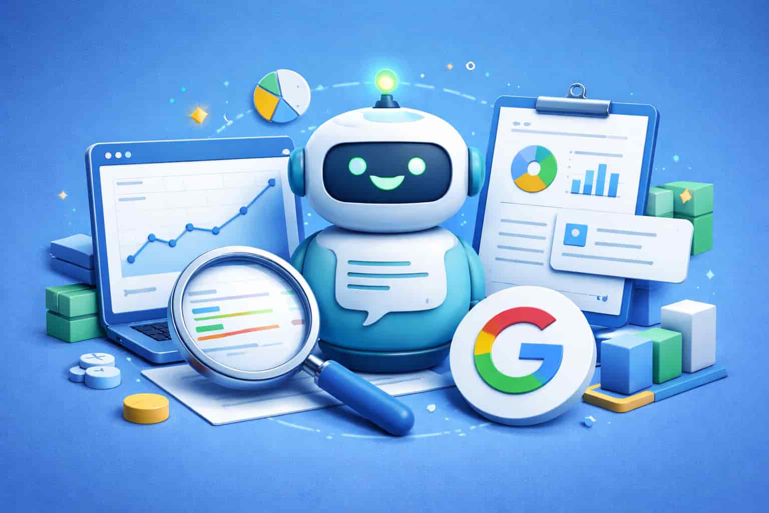 "3D illustration of a ChatGPT robot with SEO data elements and Google branding on a blue background, symbolizing AI’s role in SEO and traffic analysis."