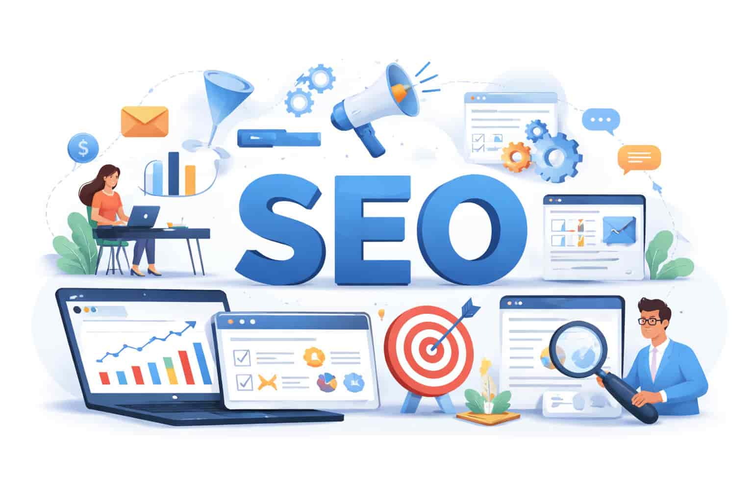 A digital illustration depicting the transformation of SEO tools into broader marketing strategies. The scene includes 3D "SEO" letters, laptops, analytics dashboards, and professionals interacting with various marketing elements.