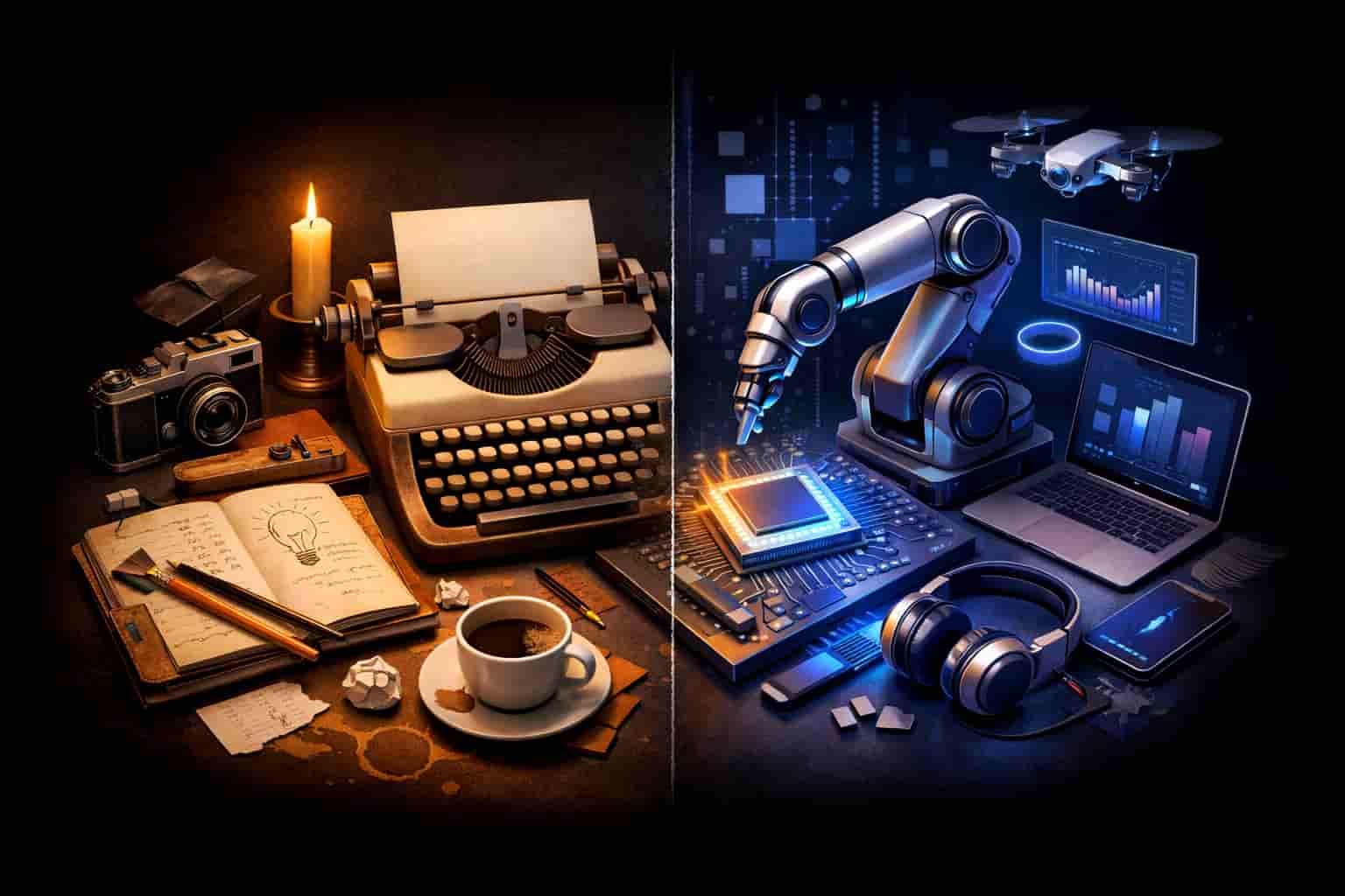 Split illustration of human creative tools like a typewriter and notebook versus AI technology like a robotic arm and microchip, representing Gen Z’s preference for human work over AI.