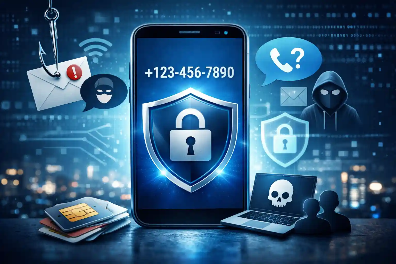 A professional cybersecurity dashboard visualization showing secure 2FA authentication, SIM card protection, and data privacy settings on a smartphone screen.