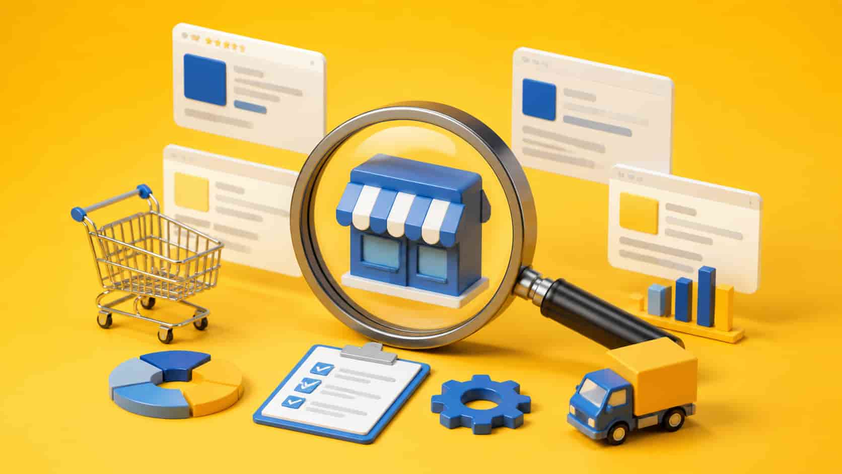 3D illustration of AI-generated brands in a digital marketplace with shopping, analytics, and delivery elements.
