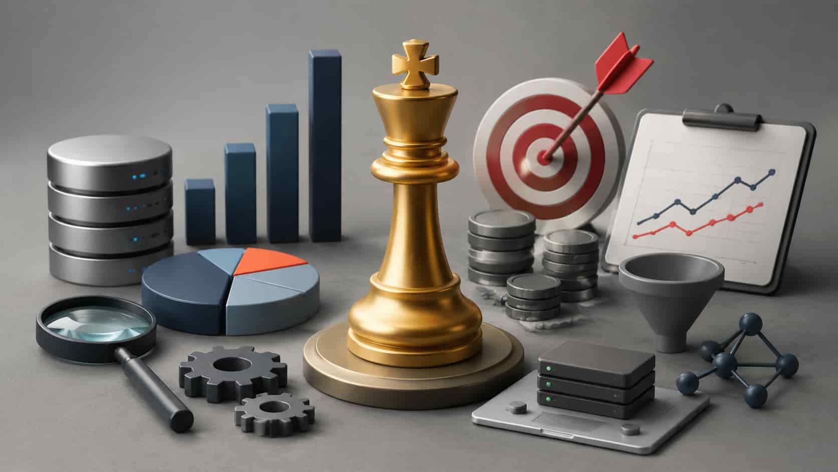 A detailed 3D illustration representing business analytics and PPC AI, featuring a chess king piece, data charts, gears, a target, and other business tools on a gray background.