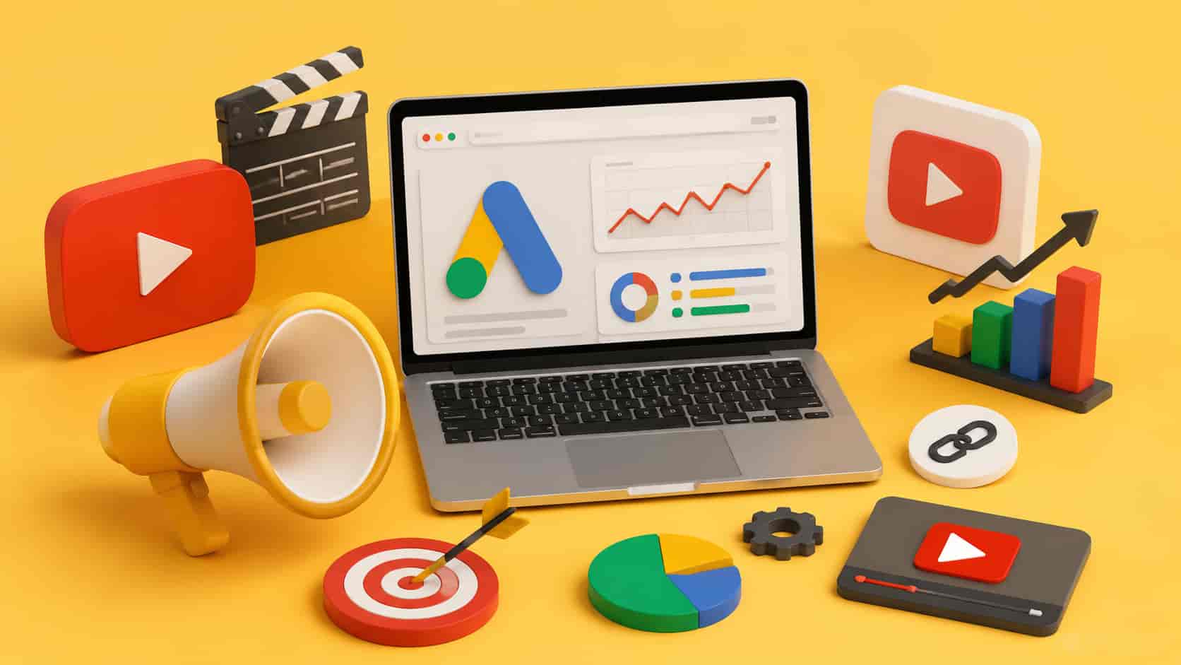 3D isometric illustration featuring a laptop with Google Ads dashboard, YouTube icons, marketing symbols, and analytics tools like pie charts, megaphone, and bar graphs on a yellow background