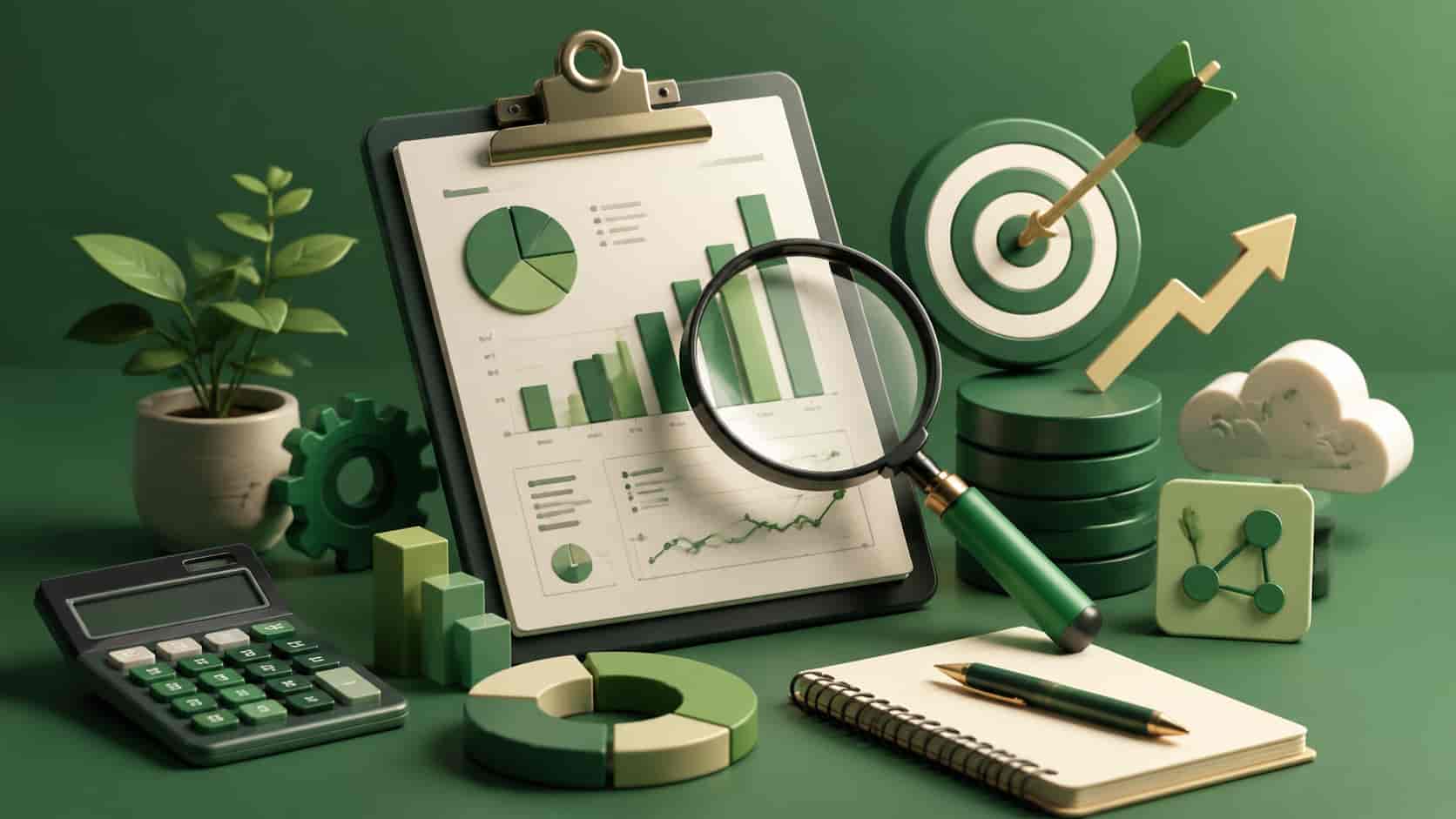 3D editorial illustration depicting an AI-driven 90-day growth audit for small businesses, featuring a clipboard, growth charts, and analytics tools on a green background."
