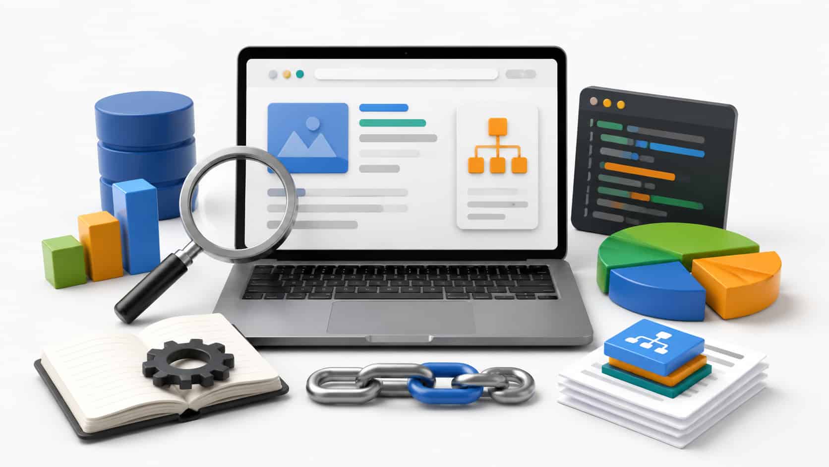 3D-rendered illustration of schema markup and SEO tools, including a laptop, charts, code panels, and research icons, on a white background.