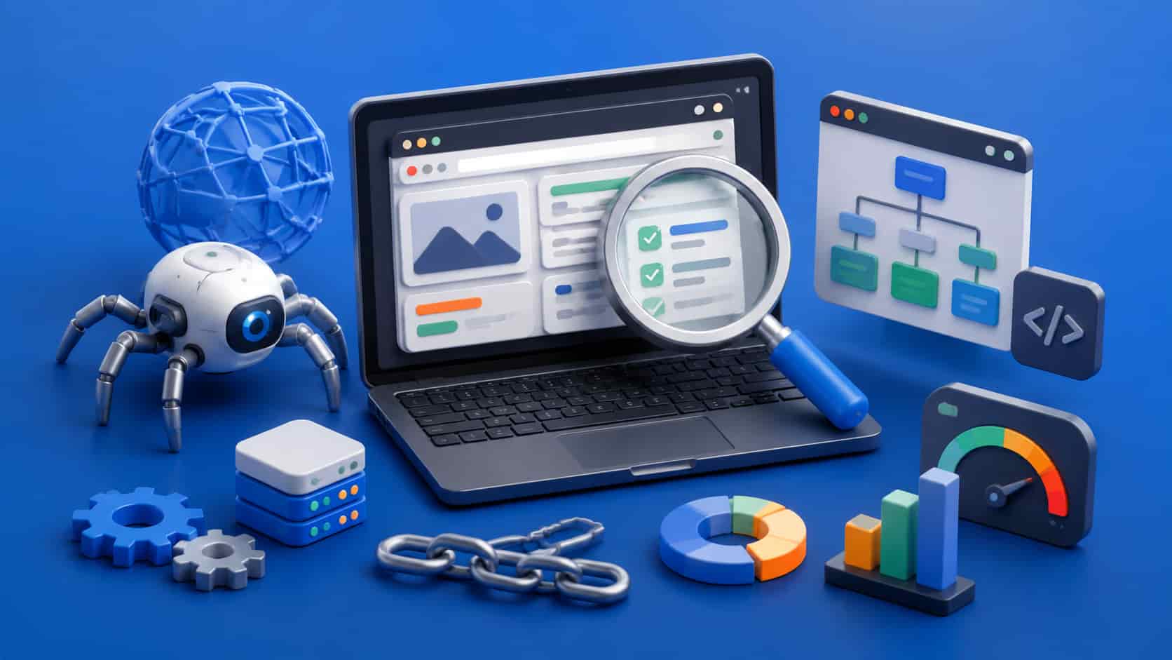3D illustration of a technical SEO audit for SPA sites, featuring a laptop with SEO elements, robotic crawler, gears, data charts, and network structures.