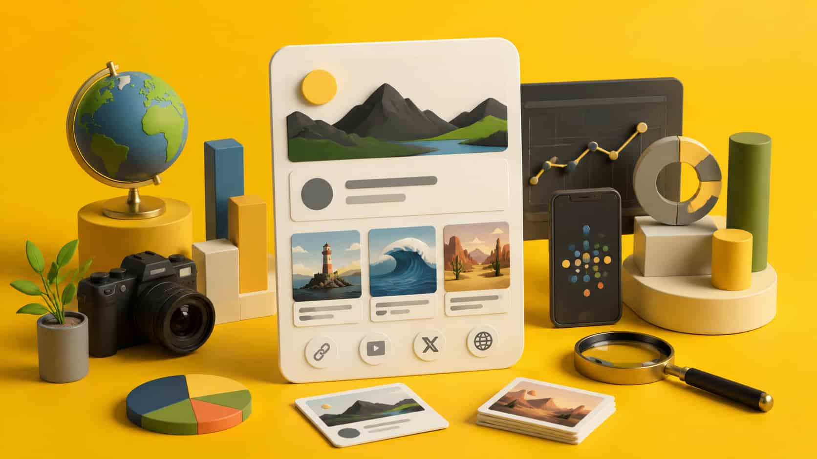 "3D isometric design with a central UI card, globe, camera, and charts on a yellow background, symbolizing brand identity and data."