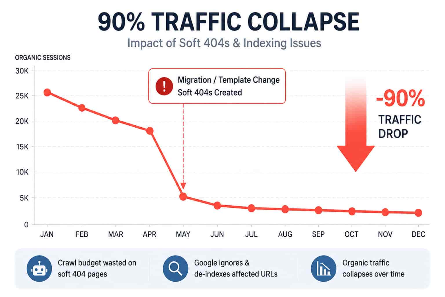 Line chart illustrating a 90% drop in organic traffic caused by soft 404 and indexing problems.