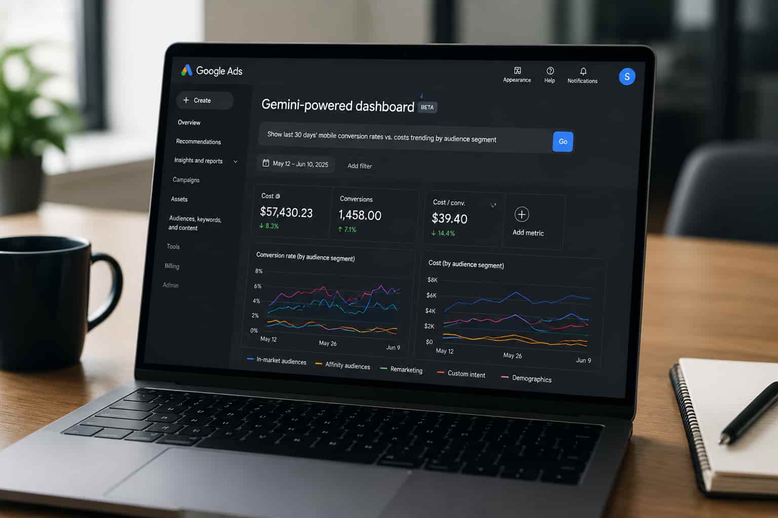 Laptop showing Google Ads Gemini dashboard with conversion rates and audience charts on a sleek office desk
