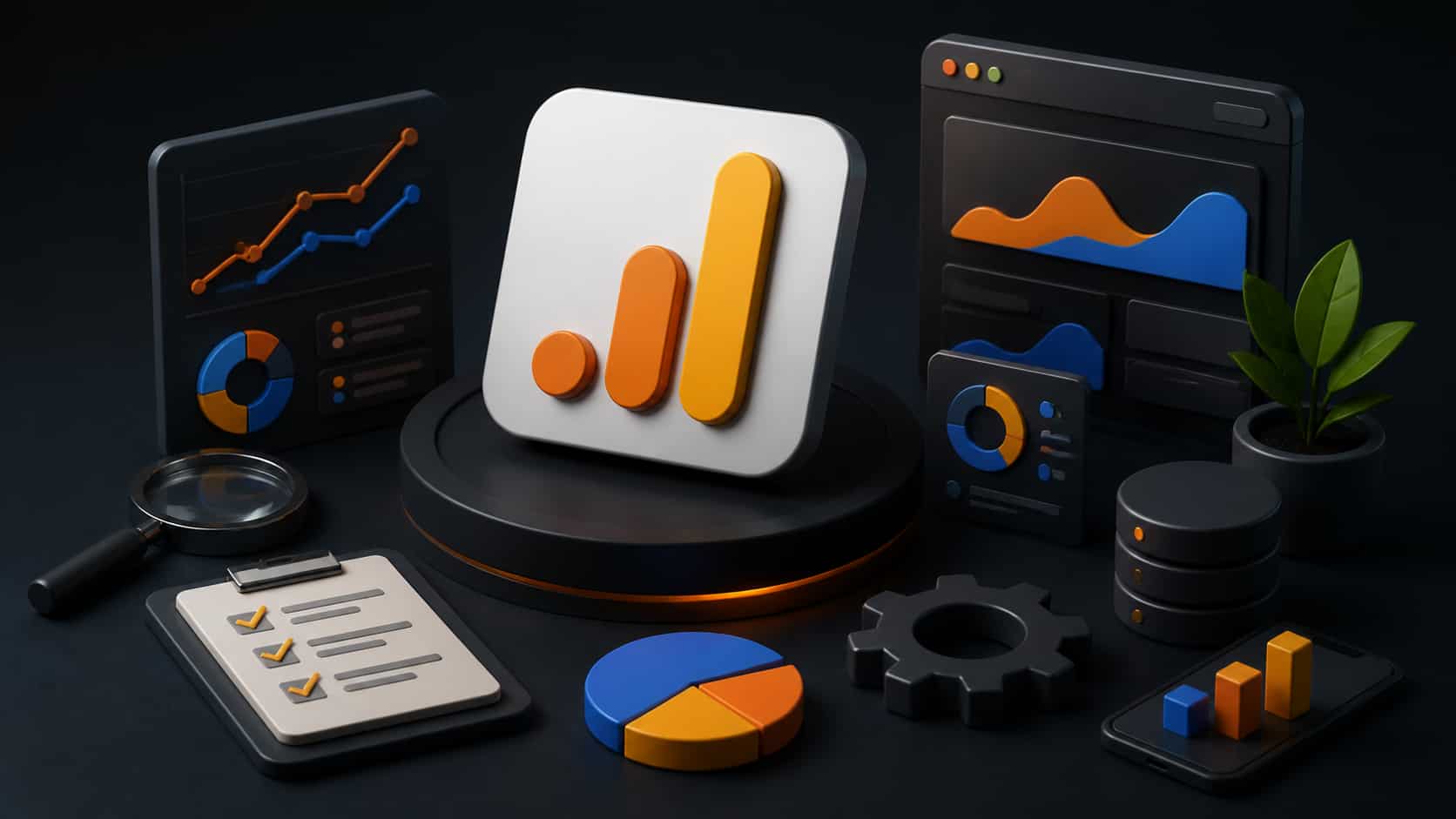 3D illustration of Google Analytics Task Assistant with charts, graphs, and automation symbols for digital marketing efficiency.