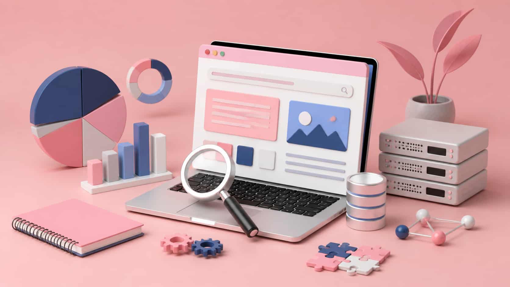3D workspace with SEO-related charts and tools, symbolizing semantic programmatic SEO strategy.