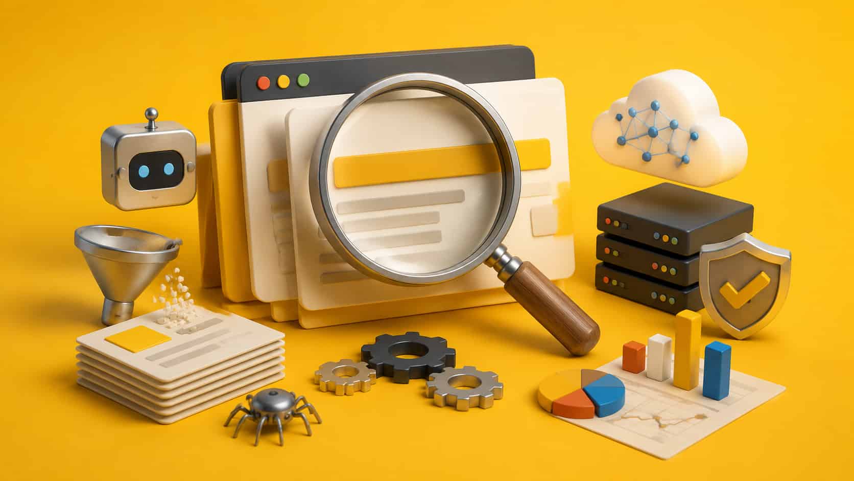 3D illustration of AI-generated content being evaluated with magnifying glass, stacked documents, cloud, gears, charts, and AI icons on yellow background.
