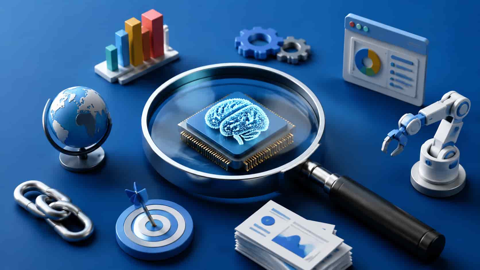 3D editorial illustration of AI optimization for SEO with a microchip and AI brain under a magnifying glass, surrounded by gears, charts, and a robotic arm on a blue background.