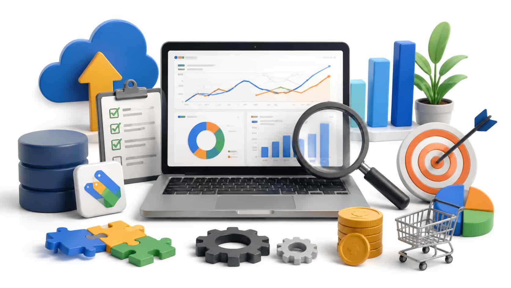 3D illustration of Google Ads offline conversion tracking with laptop dashboard, charts, CRM icons, and data flow elements on white background.