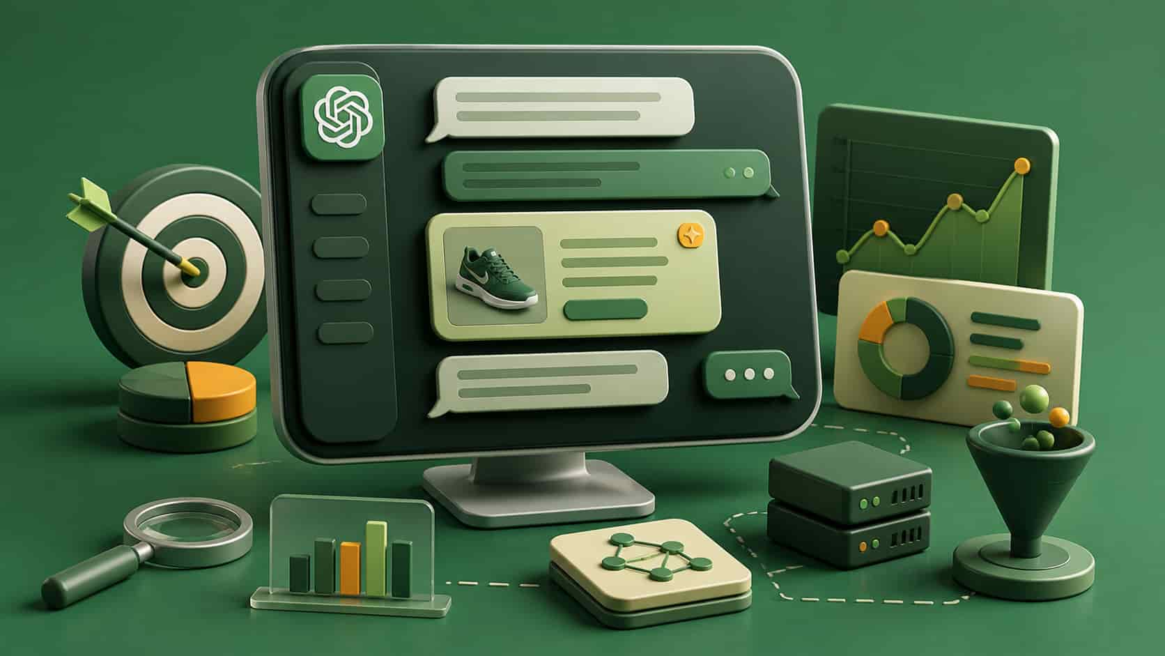 3D illustration of a computer screen with conversational chat interface and integrated ad elements, surrounded by analytics charts and marketing tools representing AI-driven advertising in ChatGPT