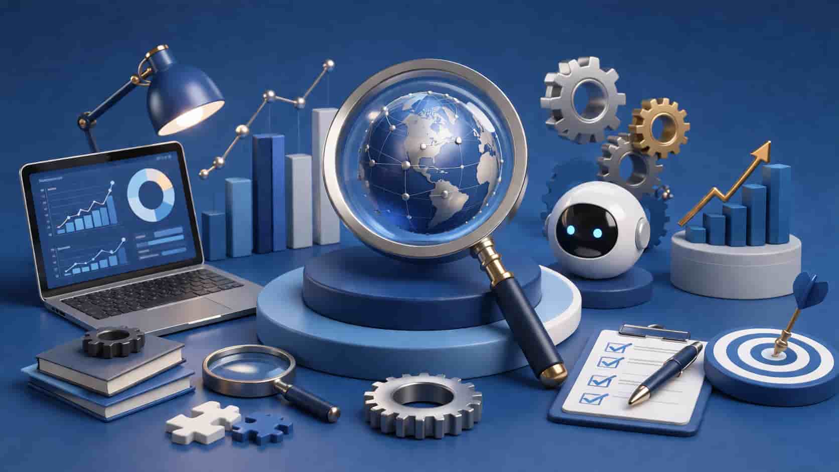 3D illustration showing magnifying glass over globe with analytics charts, automation tools, and workflow elements representing SEO agent skills and AI-driven search strategy