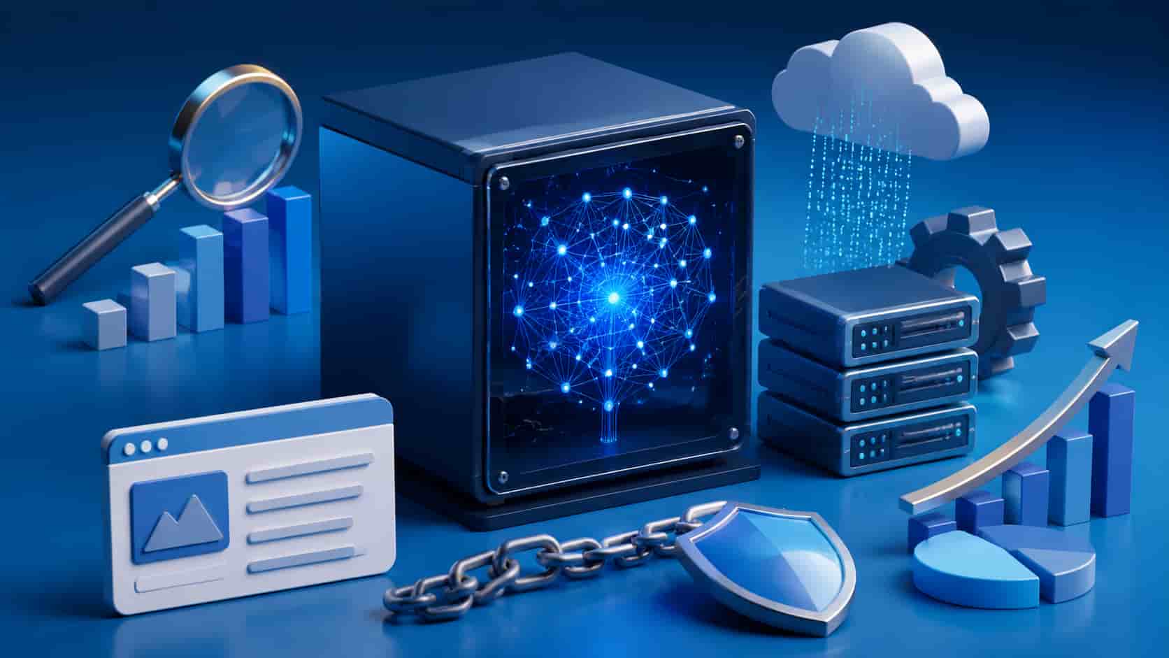 3D rendered scene depicting black-box AI models influencing search results, with elements like neural networks, data analysis, and cloud computing icons.