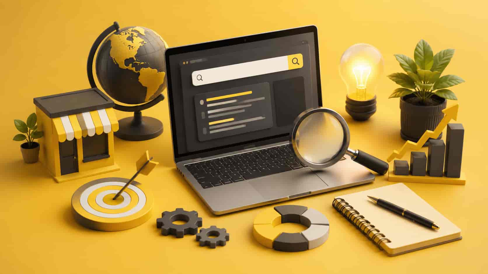 3D illustration of AI search tools, marketing elements, and growth symbols on a yellow background, showcasing SEO and business strategies.