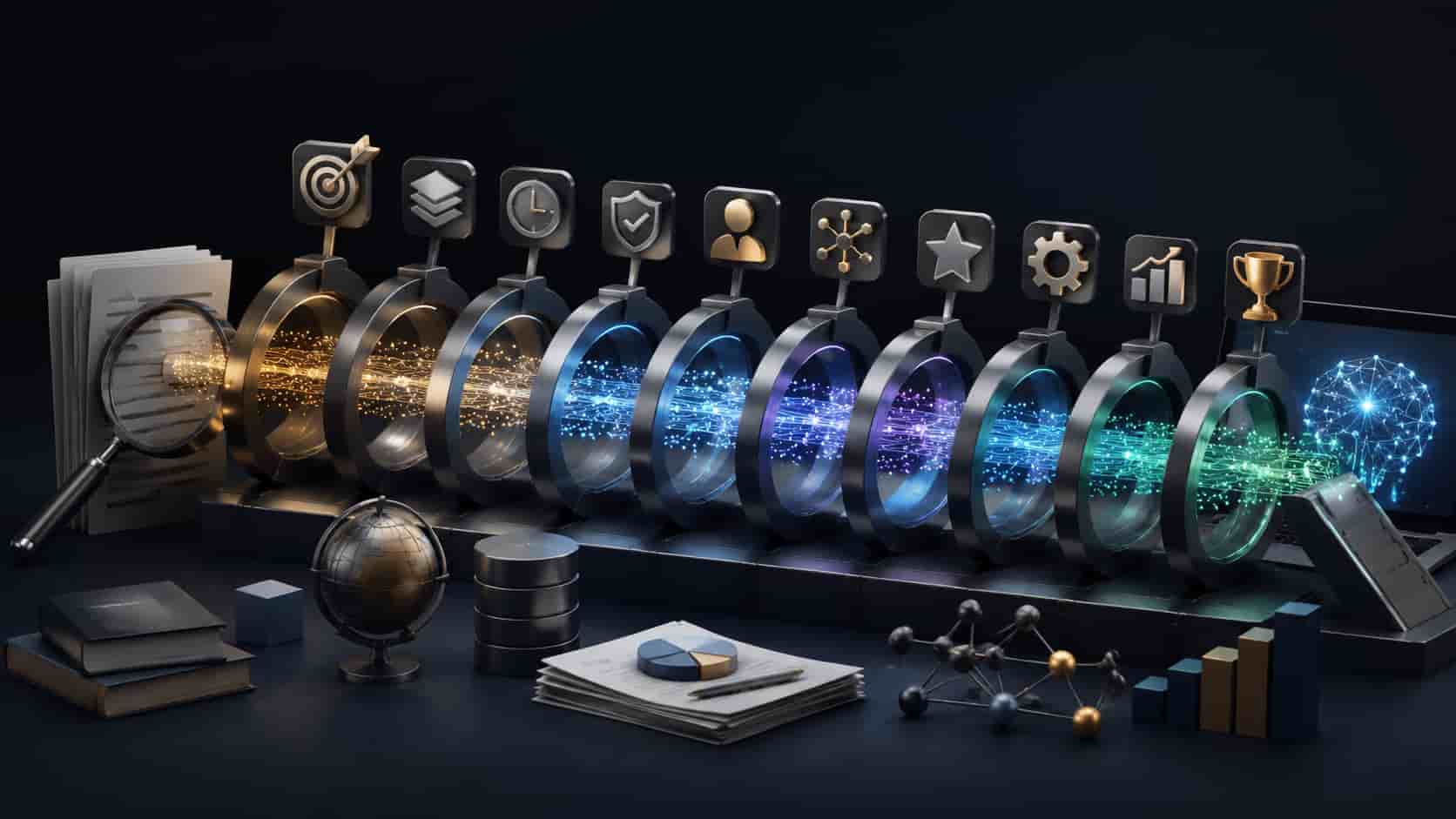 "3D rendered illustration of a digital AI search pipeline with interconnected metallic rings, data particles, and symbolic tools representing key stages like progress, time, and success."