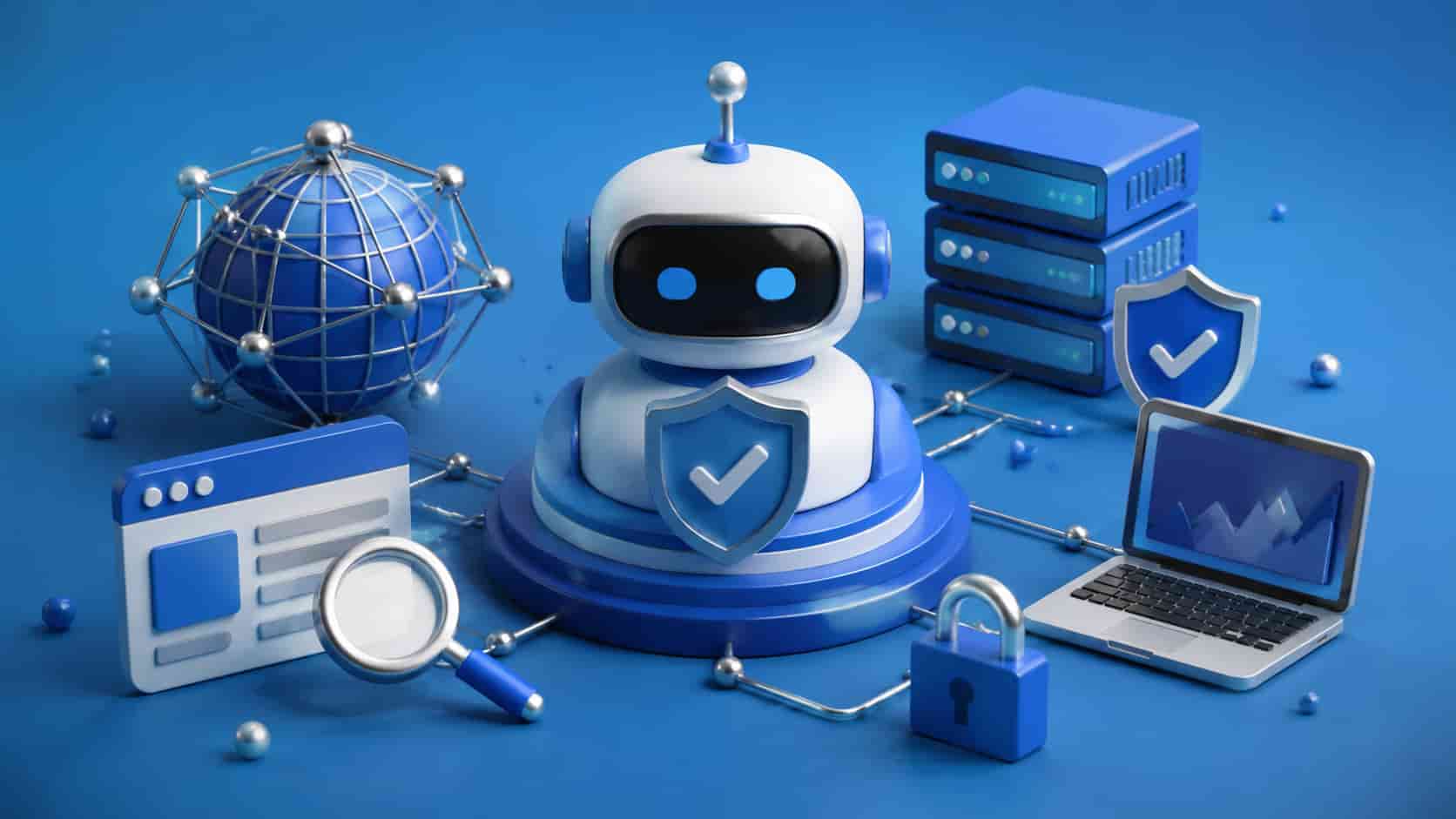 3D illustration of a robot surrounded by cybersecurity elements representing Google’s Web-Bot Authentication system.