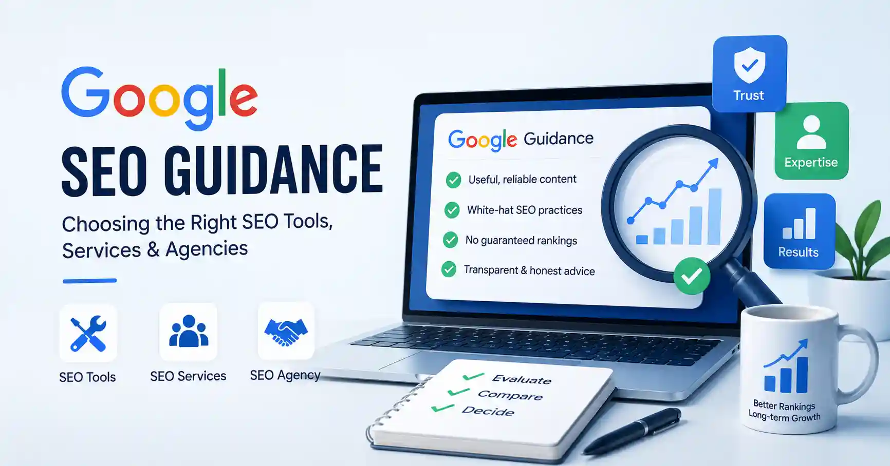 Business owner evaluating SEO tools, SEO agencies, and Google's latest SEO guidance for website optimization and search rankings.