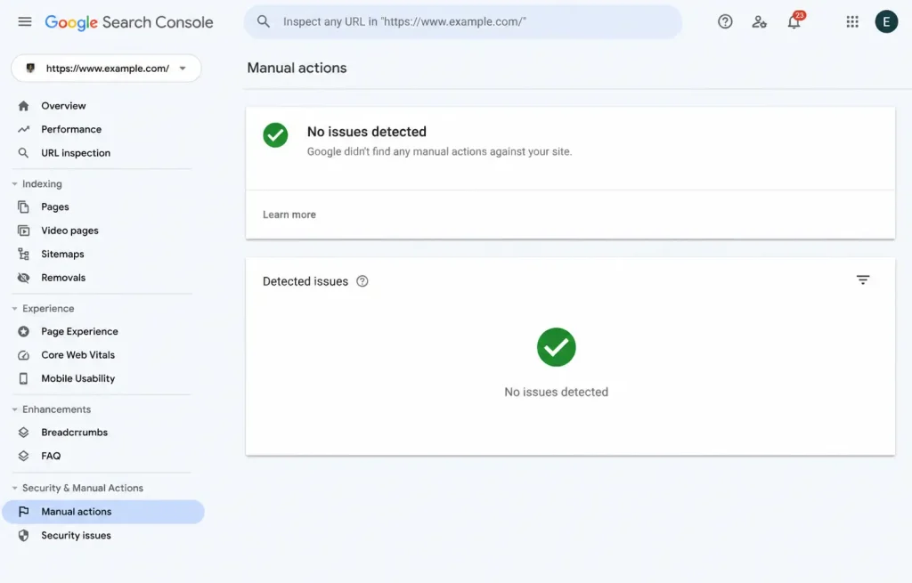 Google Search Console Manual Actions report showing no manual penalties detected