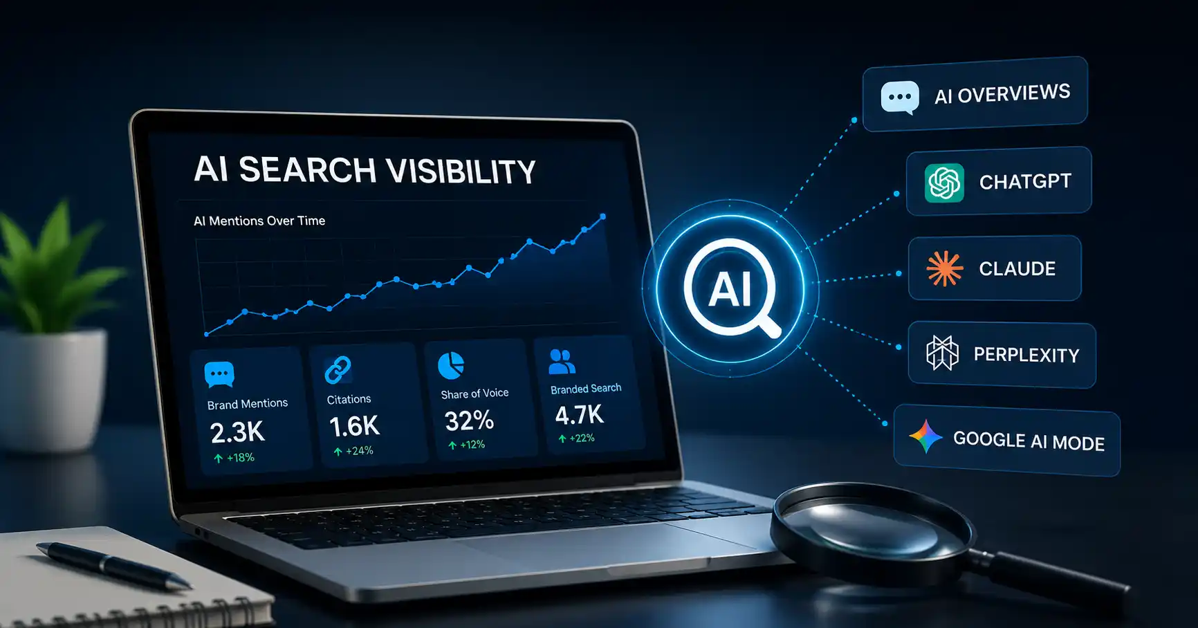 AI search visibility tracking dashboard showing brand mentions, citations, AI search analytics, and attribution insights across ChatGPT, Google AI Mode, Claude, and Perplexity.