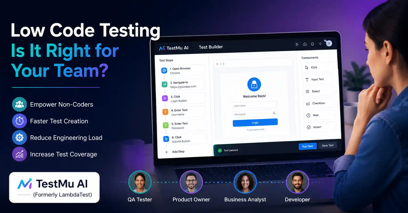 Low code testing platform with AI-powered automation for QA teams
