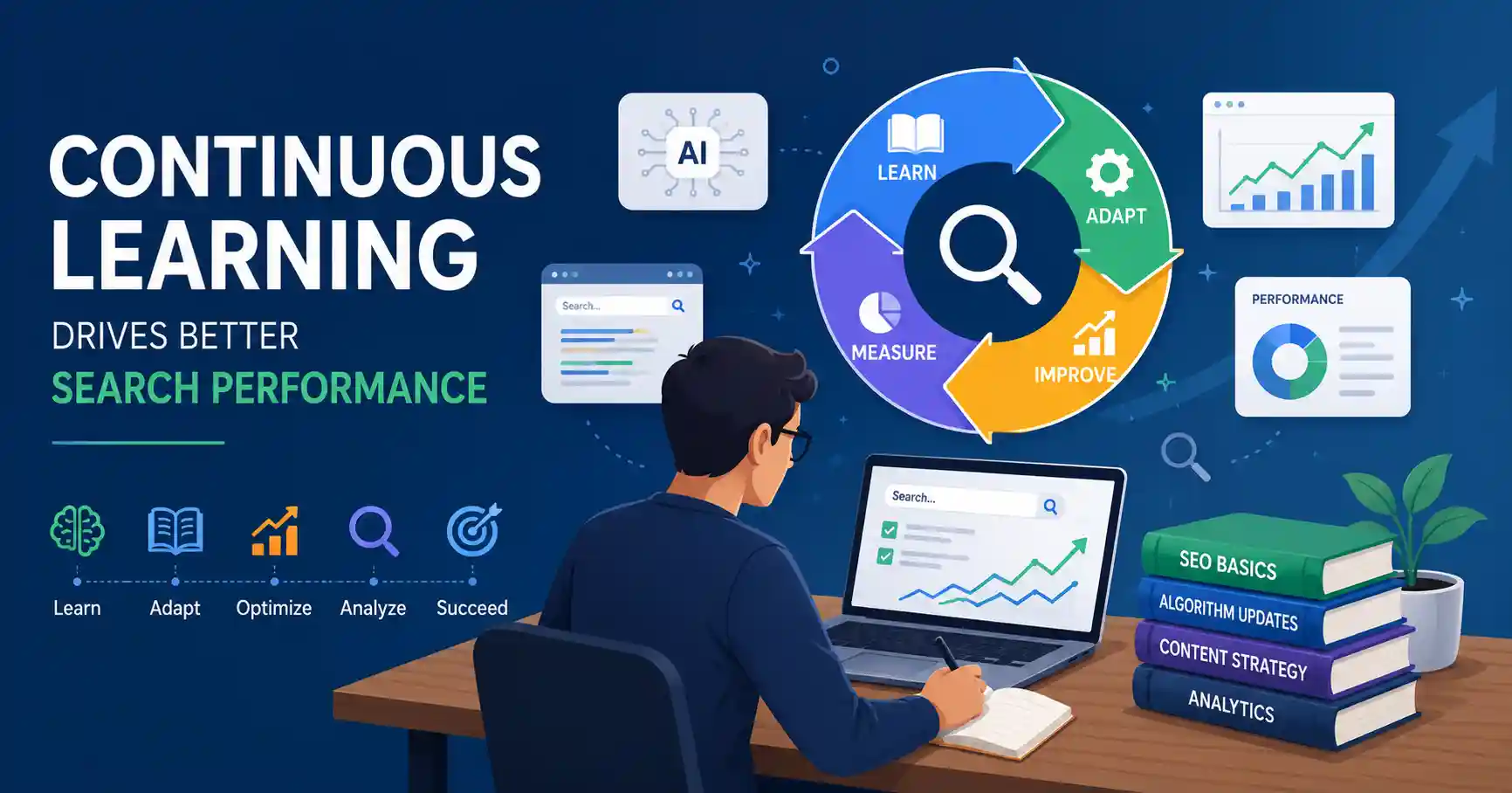 Continuous learning improving search performance through SEO education and AI search optimization