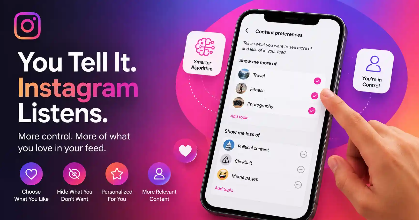 Instagram content preferences screen showing users controlling feed recommendations, personalized content discovery, and algorithm settings.