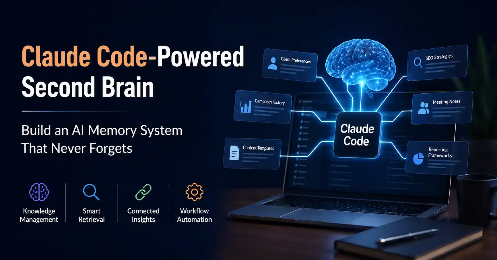Claude Code-powered AI second brain system visualizing agency knowledge management, workflow automation, and client memory retrieval.