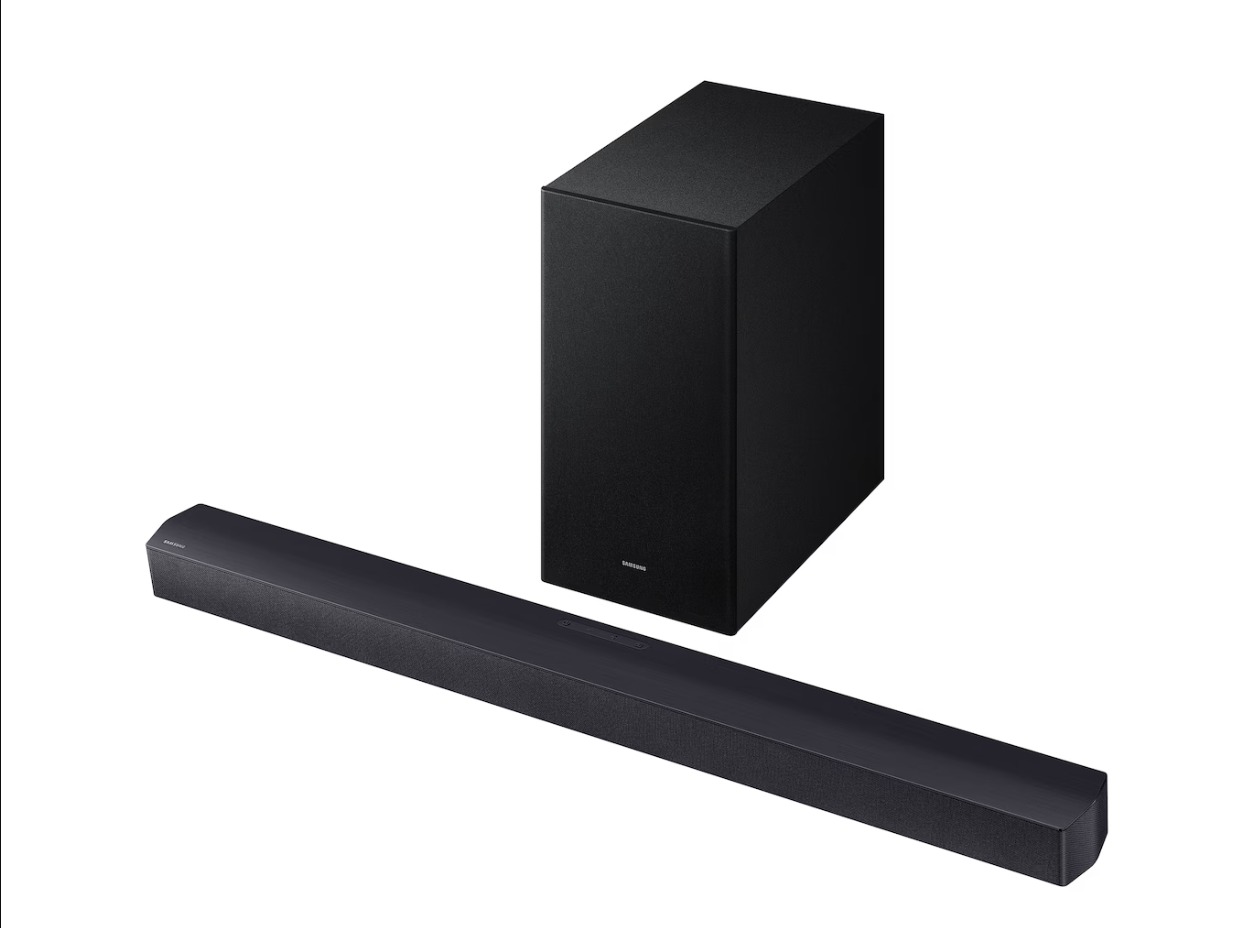 Samsung soundbar with Dolby Atmos, Q-Symphony, wireless subwoofer, and immersive home theatre audio setup for 2026.