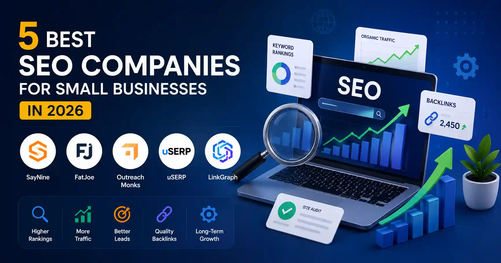 Comparison of the best SEO companies for small businesses in 2026 with SEO analytics, keyword rankings, backlinks, and AI-powered optimization tools