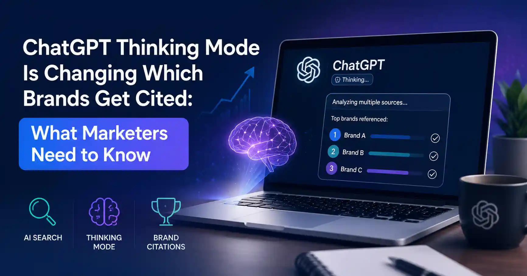 A modern AI search visualization displaying ChatGPT-style reasoning, trusted content evaluation, entity SEO signals, brand authority metrics, topical clusters, and AI citation selection within a clean digital dashboard.