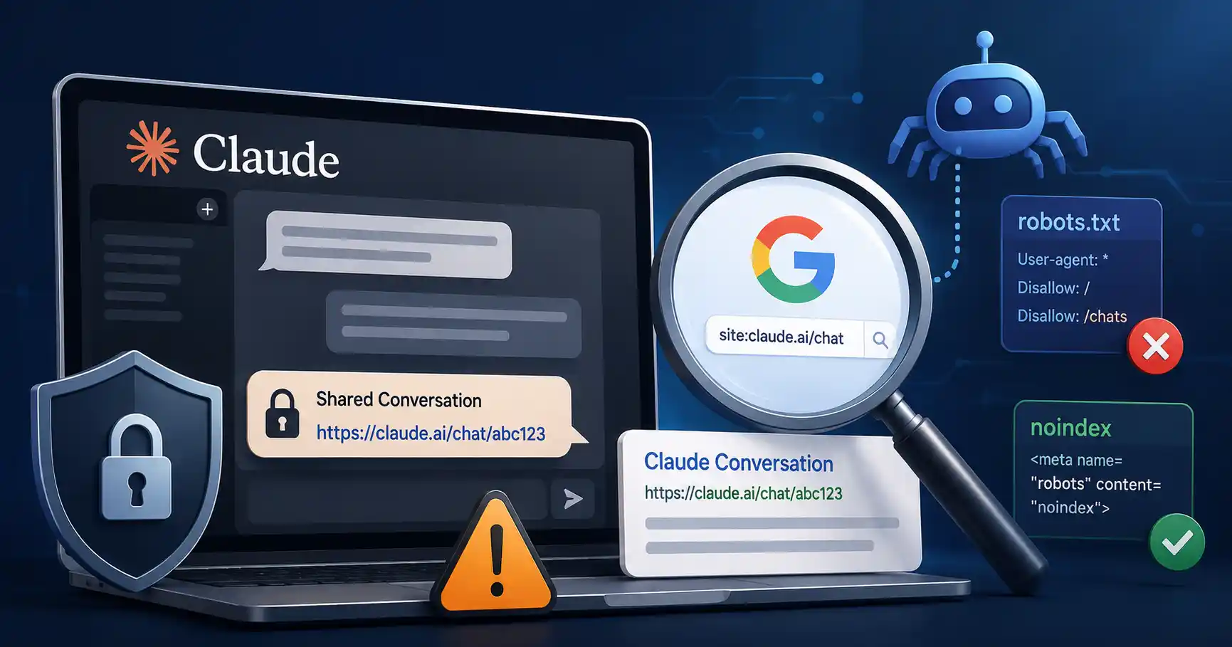 Illustration showing Google indexing Claude AI shared chats, highlighting AI privacy, search engine indexing, and data protection concepts.