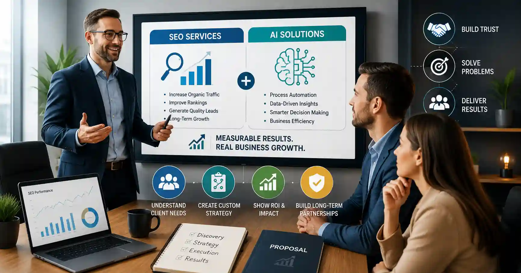 Illustration of a sales professional presenting SEO and AI solutions with analytics dashboards, strategy charts, and client collaboration icons to win high-value clients.